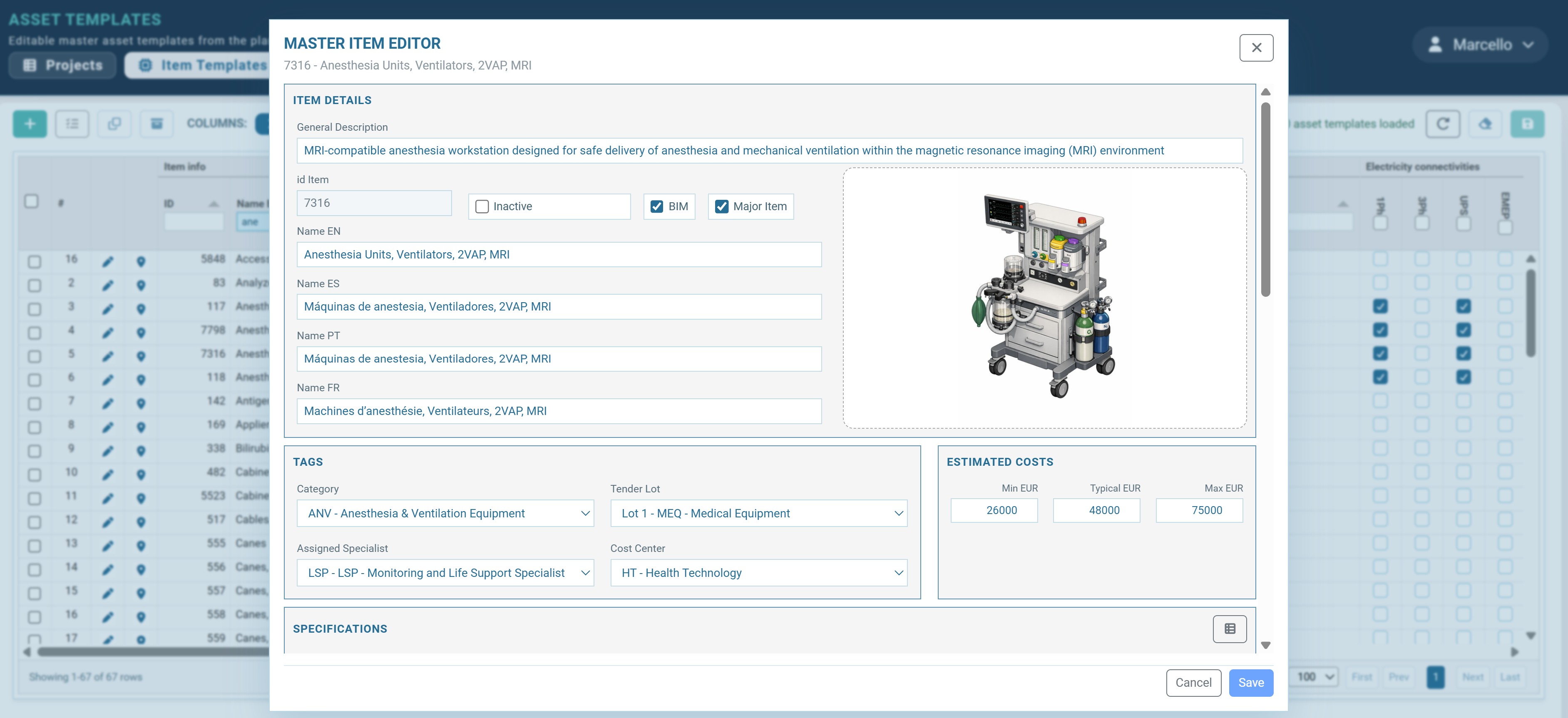 PLANNER Equipment Library module screenshot