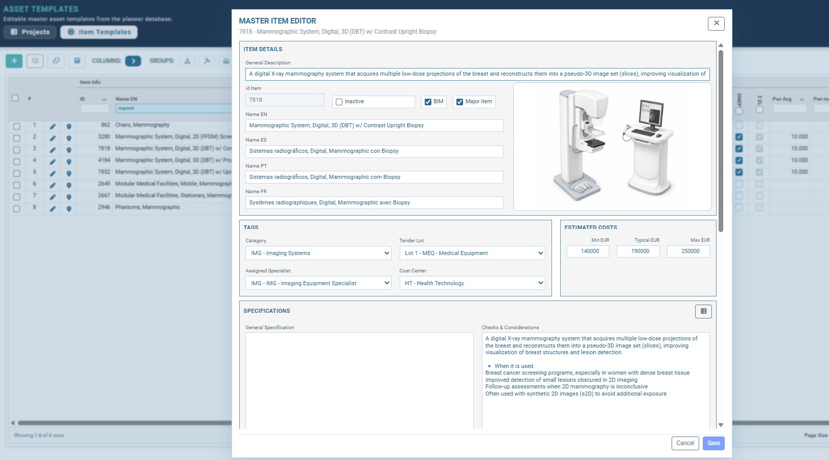 PLANNER biomedical equipment planning dashboard screenshot